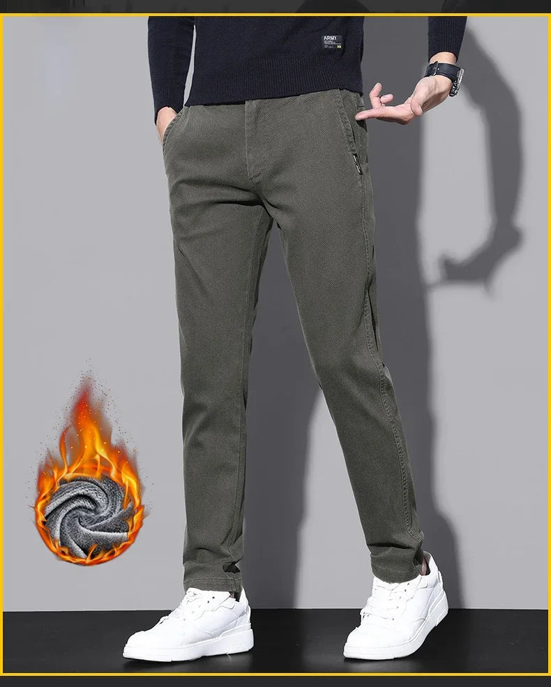 Brand Fleece Pants Forr Men Winter New Warm Cotton Elastic Waist Korean Fashion Twill Straight Plush Trousers Male