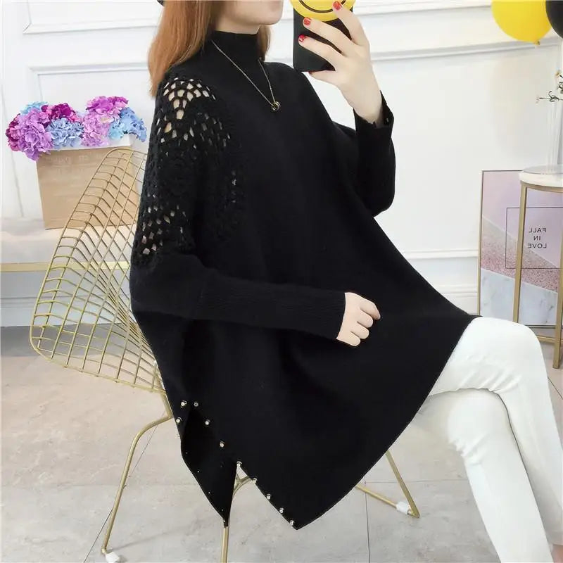 Autumn and winter loose bat pullover half high neck knitted sweater women's new shawl cape nail bead hook flower coat