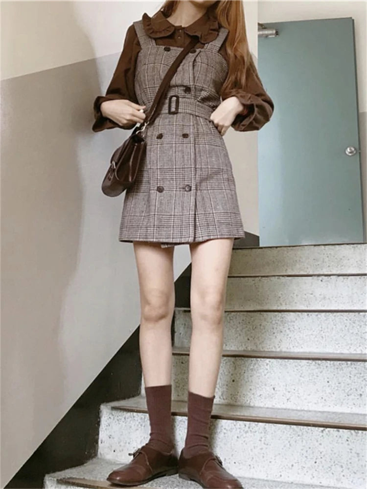 Girl Plaid blouse Vintage Dress suits Women Dresses Female Sundress suit braces Robe Femme Vestido separately 2 piece set women