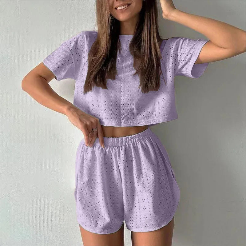 Pajamas for Women Summer Sleepwear Hollow Out Pajama Long Sleeve Tops Shorts Pyjama 2 Piece Set Homewear Nightwear Pijama Mujer