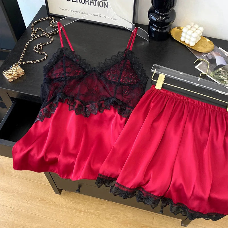 Female Suspender Pajamas Set Lounge Wear Sexy Hollow Out Lace Intimate Lingerie Sleepwear Summer New Strap Top&shorts Homewear
