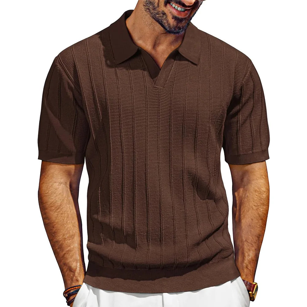 Polo Shirts Knitted Solid Tops Pullover V Neck Short Sleeve Tees Men Casual Shirt Summer Slight Strech Spliced Loose 2025