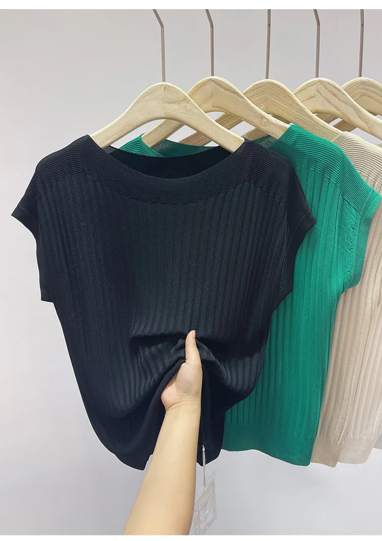 2025 New Spring Autumn Fashion Straight Neck  Knitted Sweater Short Sleeve Women Solid Color Simple Casual Tops Fema