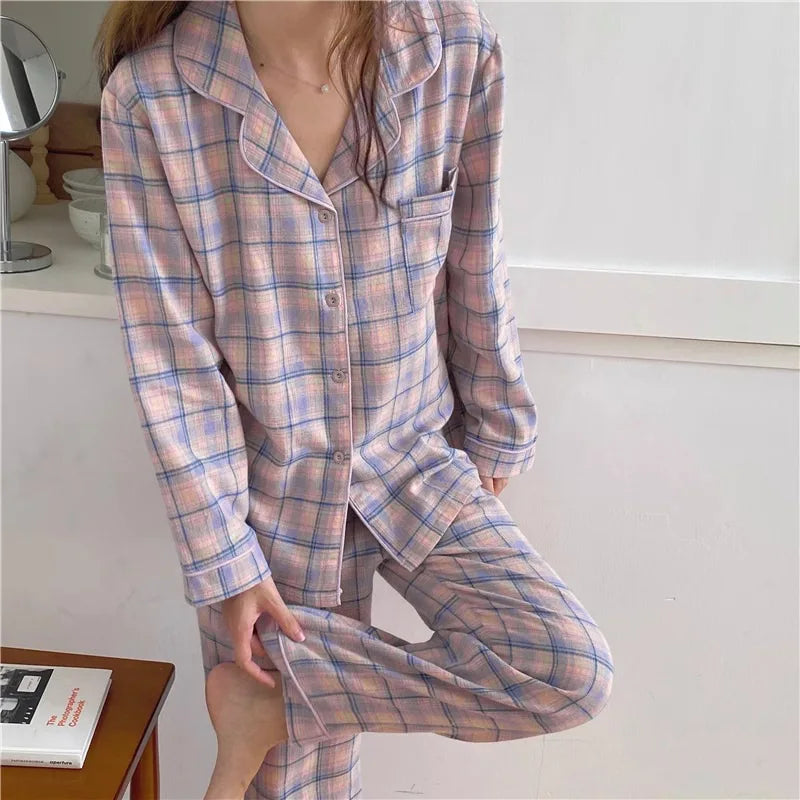 Pajamas Female Autumn and Winter Long-Sleeved Sweet Homewear Two-Piece Tide Cardigan Lapel Plaid Homewear 1