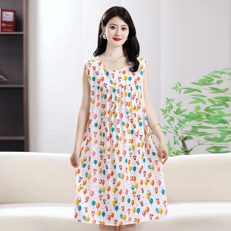 2025 New Women's Spwear Cotton Silk Nightgown round Ne Mid-Length Svel Dr Artificial Cotton Home Clothes