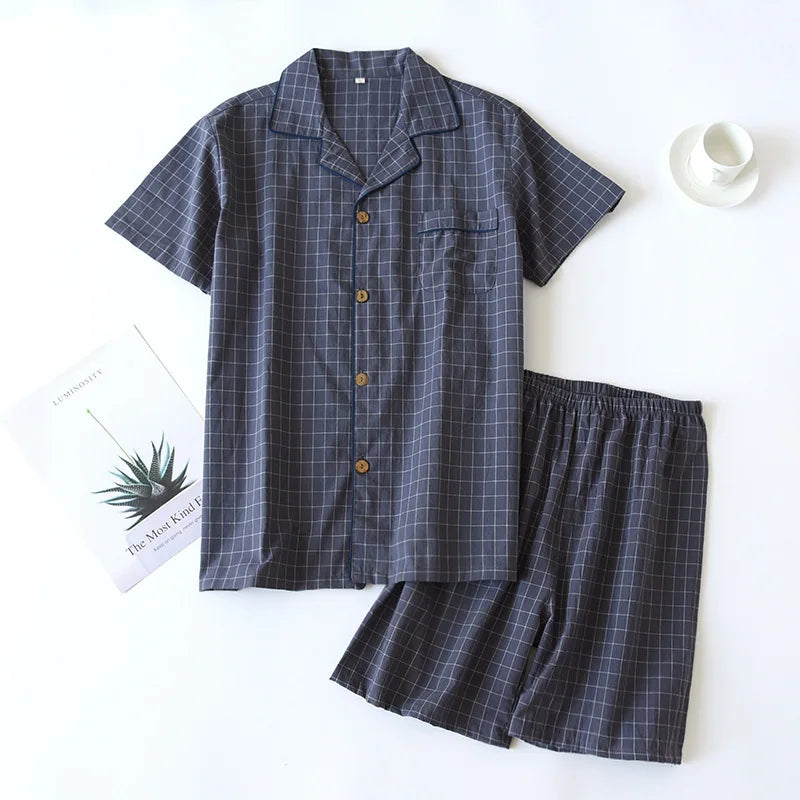 New2025 Men's Summer PajamasThin Short-sleeved Shorts Soft Cotton Simple Japanese Plaid Home Service Suit Pantalon Pijama Hombre