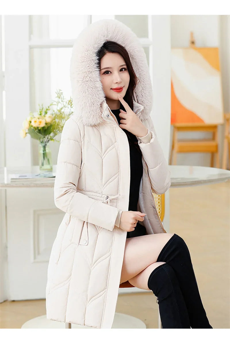 Women Down Cotton Jacket 2025 Mid Long Warm Ladies Outerwear Slim High-End Loose Women Winter Parka Coat Female Cotton Clothes