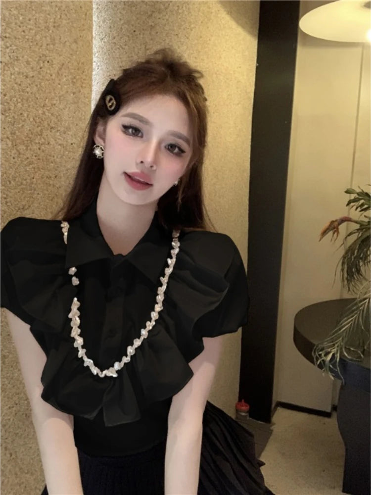 White Women Blouses 2025 Blusas Mujer De Moda Puff Sleeve Slim Fit Heavy Diamond Crop Tops Ruffles Sweet Summer Blouse Shirts