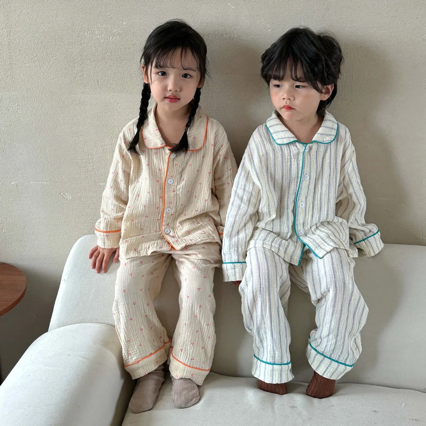 Pajama Sets New Spring Autumn Season Pure Cotton Gauze Baby Long Sleeved Girl Boys Childrens Clothing Sleepwear