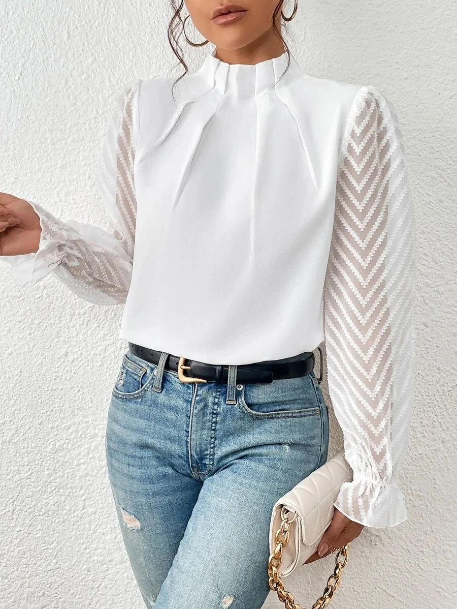 Elegant Women's Shirt Office Lady Blouse 2023 Autumn Half High Collar Panel Wave Chiffon Long Sleeve Top Women's Shirt S-XXL