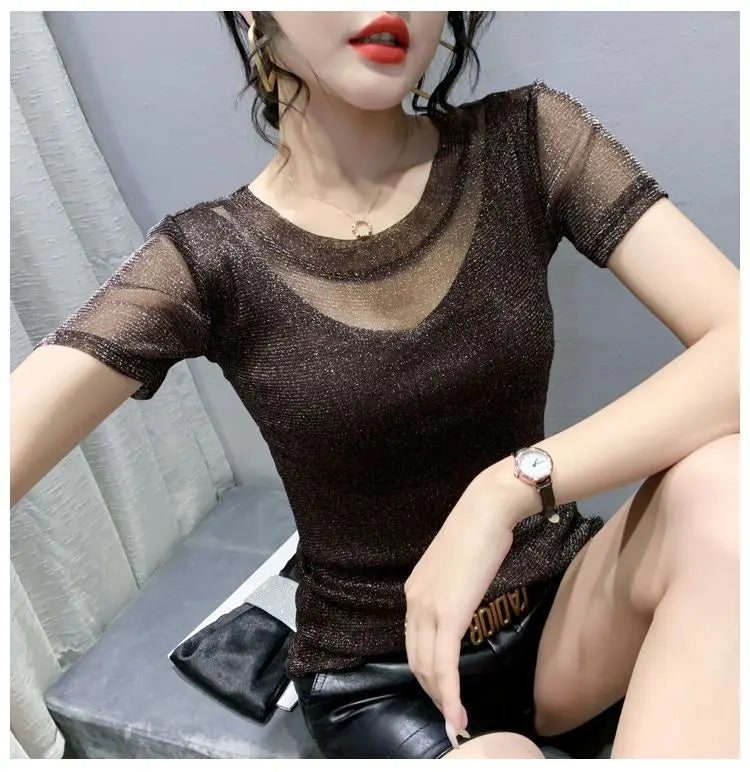 Summer Women Clothing 2025 New Half-sleeved Fashionable Short-sleeved T-shirt Hollow Mesh Top Lace Pullover
