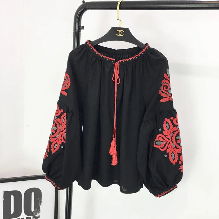 Bohemian Embroidered Dress for Women, Boho, Flower, O-Neck, Lantern Long Sleeve, High Waist, Cotton, White, Spring