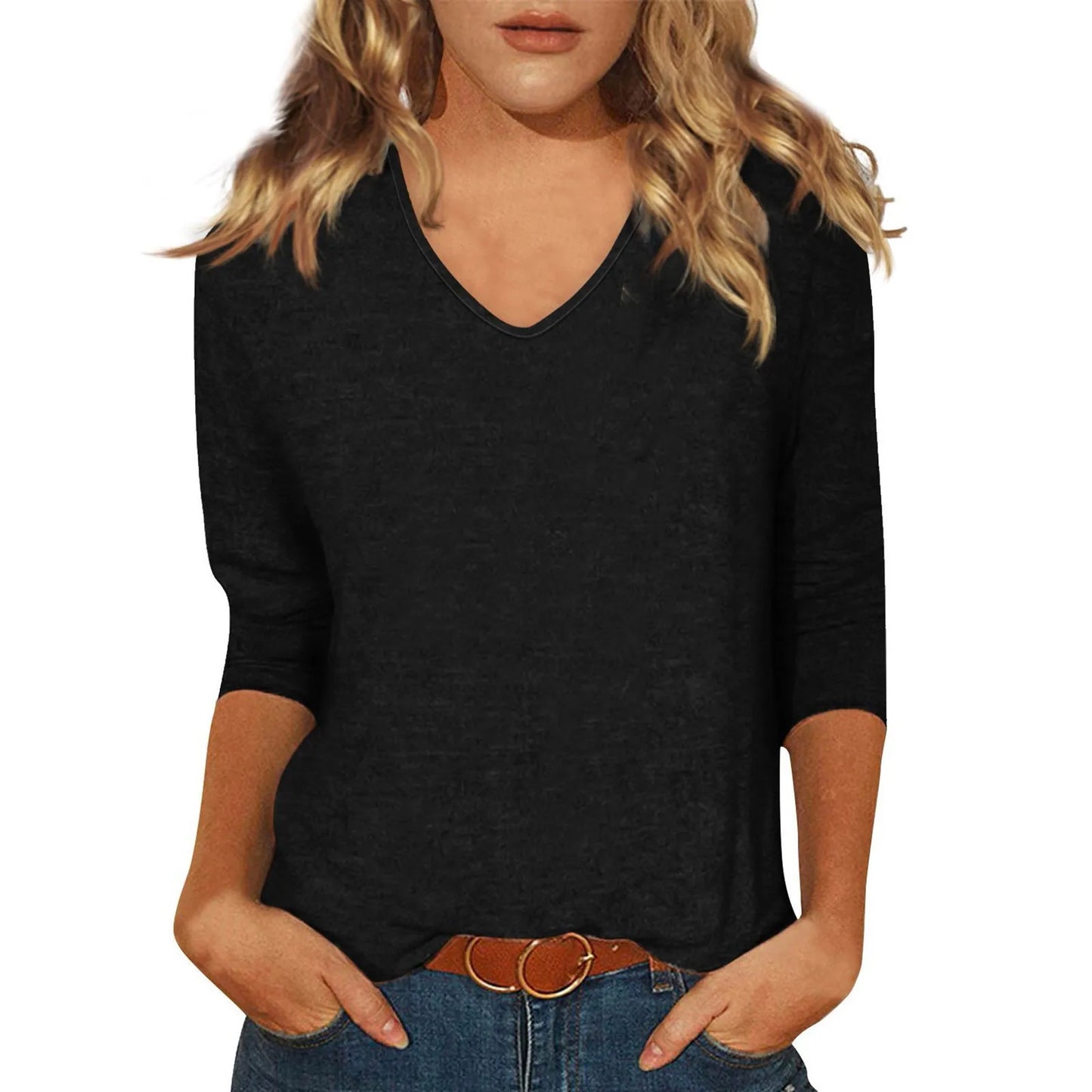 Women's T-Shirt Fashion Casual Everyday Versatile V-Neck 3/4 Length Sleeve Tops Solid Color Printed T-Shirt Top