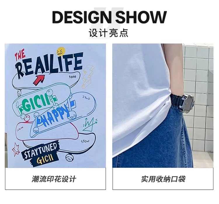 Summer Kids Clothes Streetwear Fashion English Skateboard Print T Shirt 100%Cotton Tops Tees Children Short Sleeve Boys Clothes