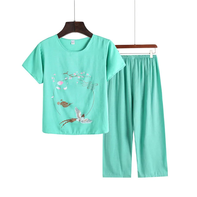 Pyjama Pour Femme Casual Cotton Linen Sleepwear Set Vintage Printed Middle Aged Mother Short Sleeve Pajamas Women Home Suit