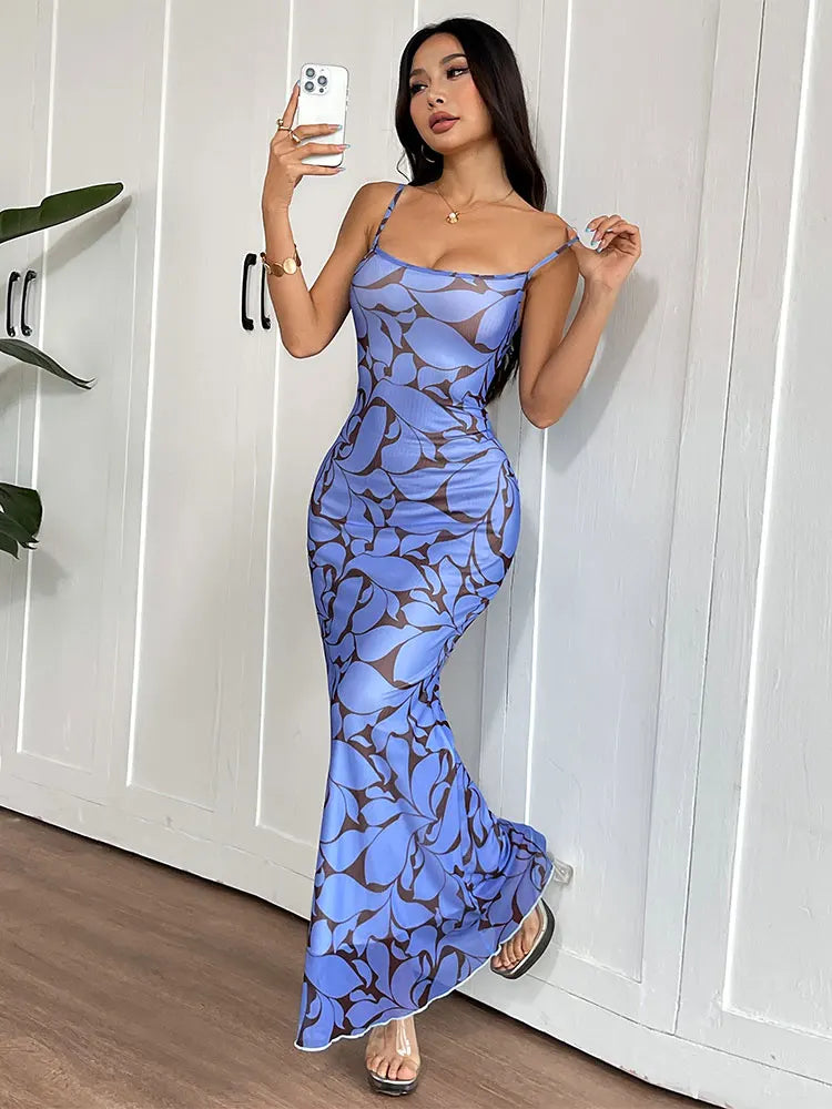 Women Dresses Summer New Streetwear Fashion Print O-Neck Dress Sexy Backless Casual Slim Elegant Female Knitted Dresses Clothing