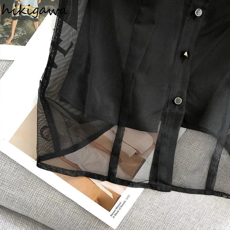 Black Blouse Women Clothing Puff Sleeve Turndown Collar Crop Tops 2025 Blusas Mujer De Moda Gauze See Through Sexy Shirts 7o132