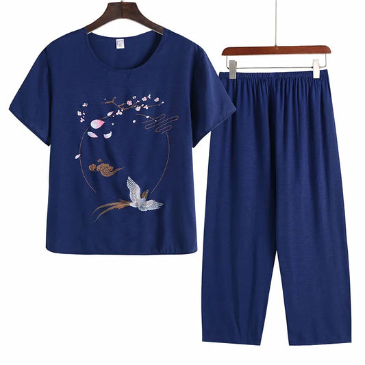 Pyjama Pour Femme Casual Cotton Linen Sleepwear Set Vintage Printed Middle Aged Mother Short Sleeve Pajamas Women Home Suit