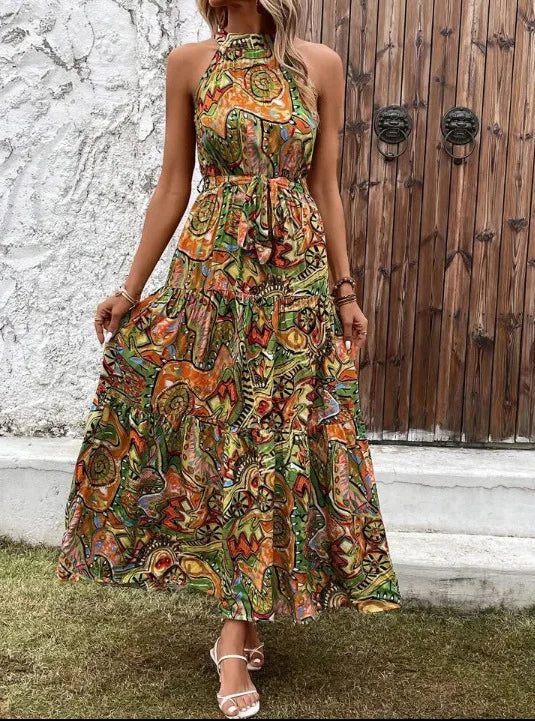 Women's Dress Elegant Print Sleeveless O-neckhalter Off Shoulder Dresses Vintage Waistlace Up Boho Women Long Dress Vestidos