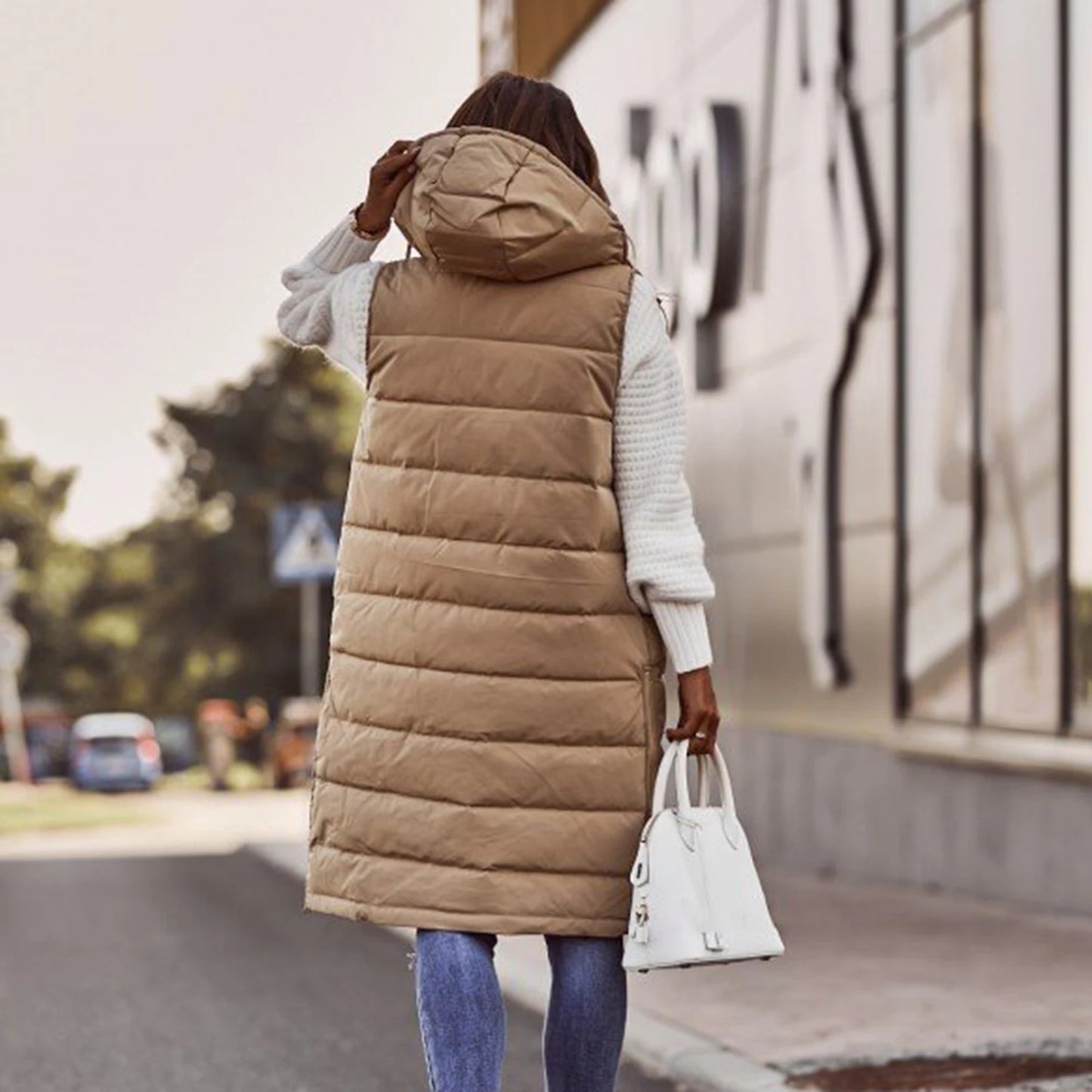 Women's Long Coat Vest With Hood Autumn Winter Sleeveless Warm Cotton Down Coat Waistcoat Quilted Vest Down Jacket Outwear 2XL