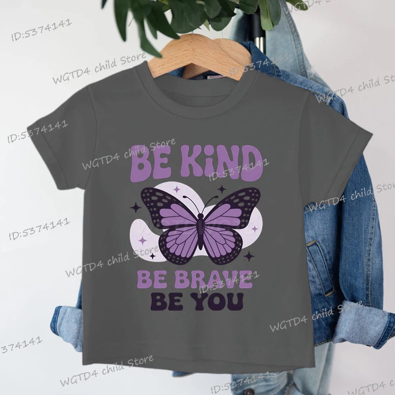 Children's Clothing Be Kind Be Brave Be You T-shirt Kids Retro Little Girl Quotes Graphic Tee Butterfly Lover Soft Cotton Tee