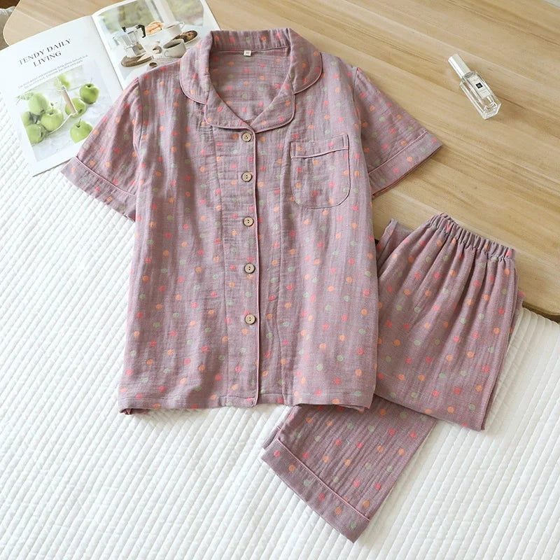 Summer Pijama Cotton Pajamas Set Middle Aged Mother Women 2 Piece Set Outfit Jacquard Home Wear Trousers Short Sleeve Sleepwear