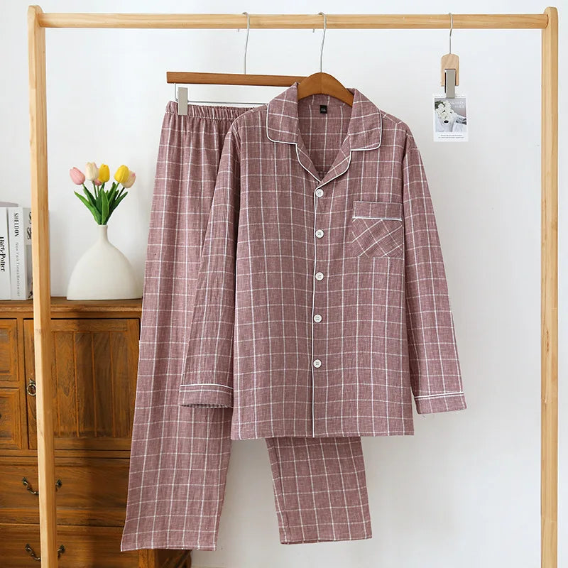 2025 Japanese New Men's Spring/Summer Pajama Set 100% Cotton Plaid Long Sleeve Pants Two Piece Set Large Relaxed Home Furnishing