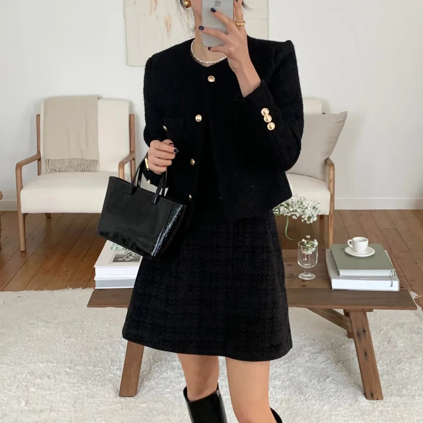 Women Autumn Winter 2025 French Vintage Coat Temperament High Quality Korean Casual Single Breasted Slim Tweed Jackets