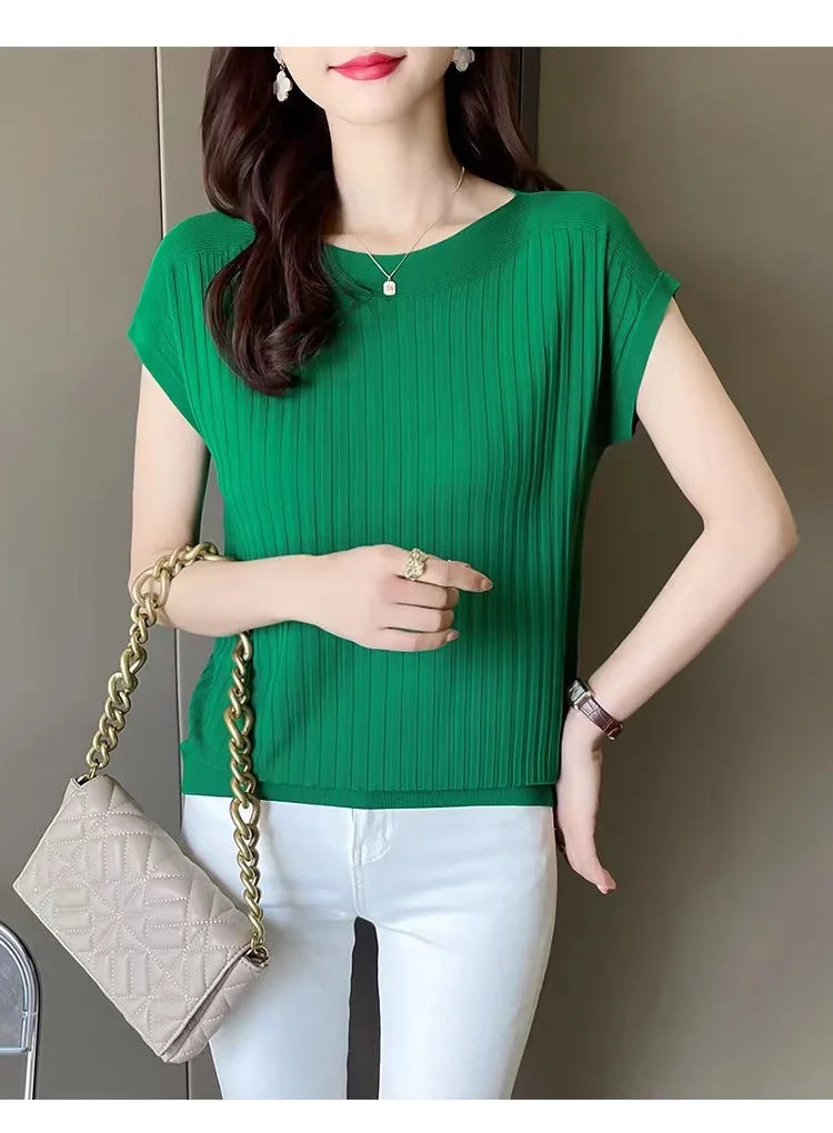 2025 New Spring Autumn Fashion Straight Neck  Knitted Sweater Short Sleeve Women Solid Color Simple Casual Tops Fema