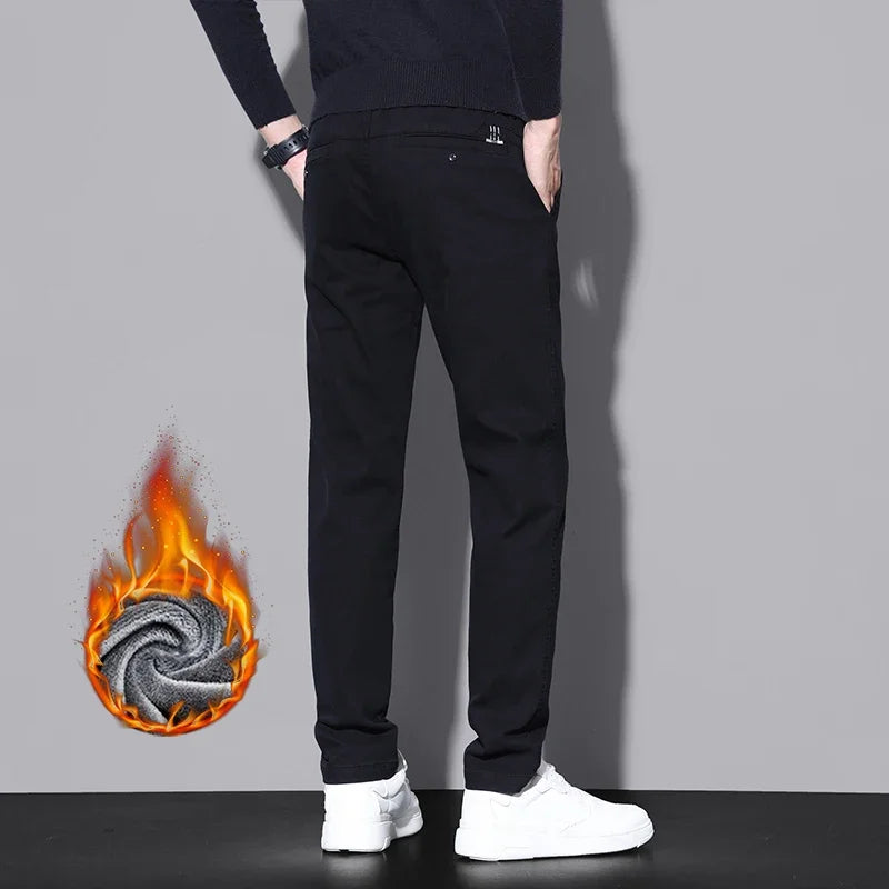 Brand Fleece Pants Forr Men Winter New Warm Cotton Elastic Waist Korean Fashion Twill Straight Plush Trousers Male
