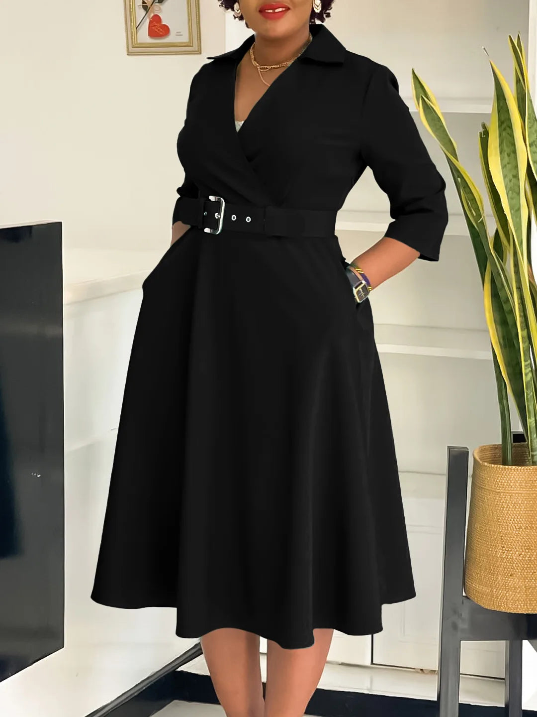 Large size women's 2025 autumn new lapel fashion temperament solid color swing skirt dress