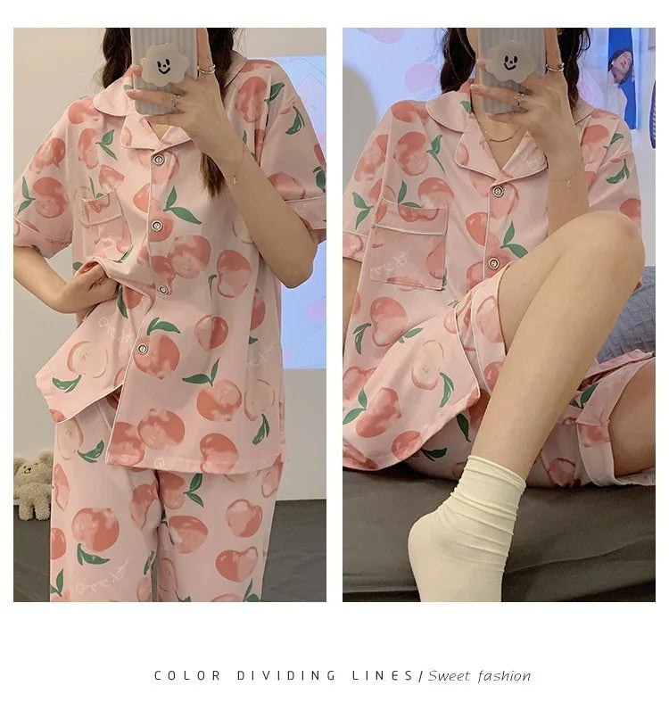 Women's Summer Three-Piece Pajama Set: Cute Teenage Student Short-Sleeved Long Pants Casual Korean-Style Pajamas Underwear