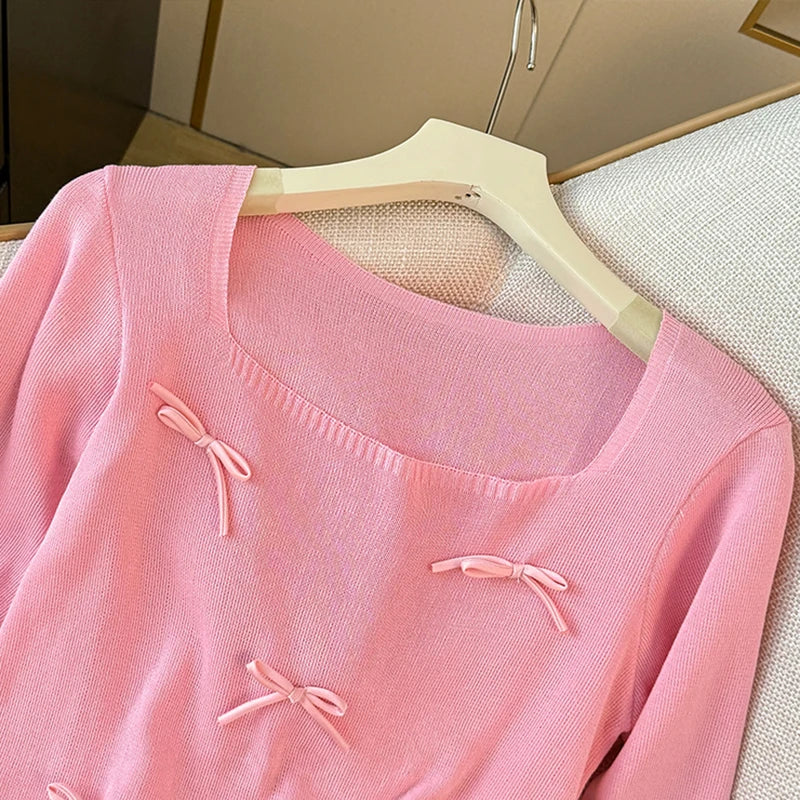 Women Bow Cute Knitted Crop Tops Long Sleeve Square Collar Slim Black Pullover Sweater Female 2025 Autumn And Winter