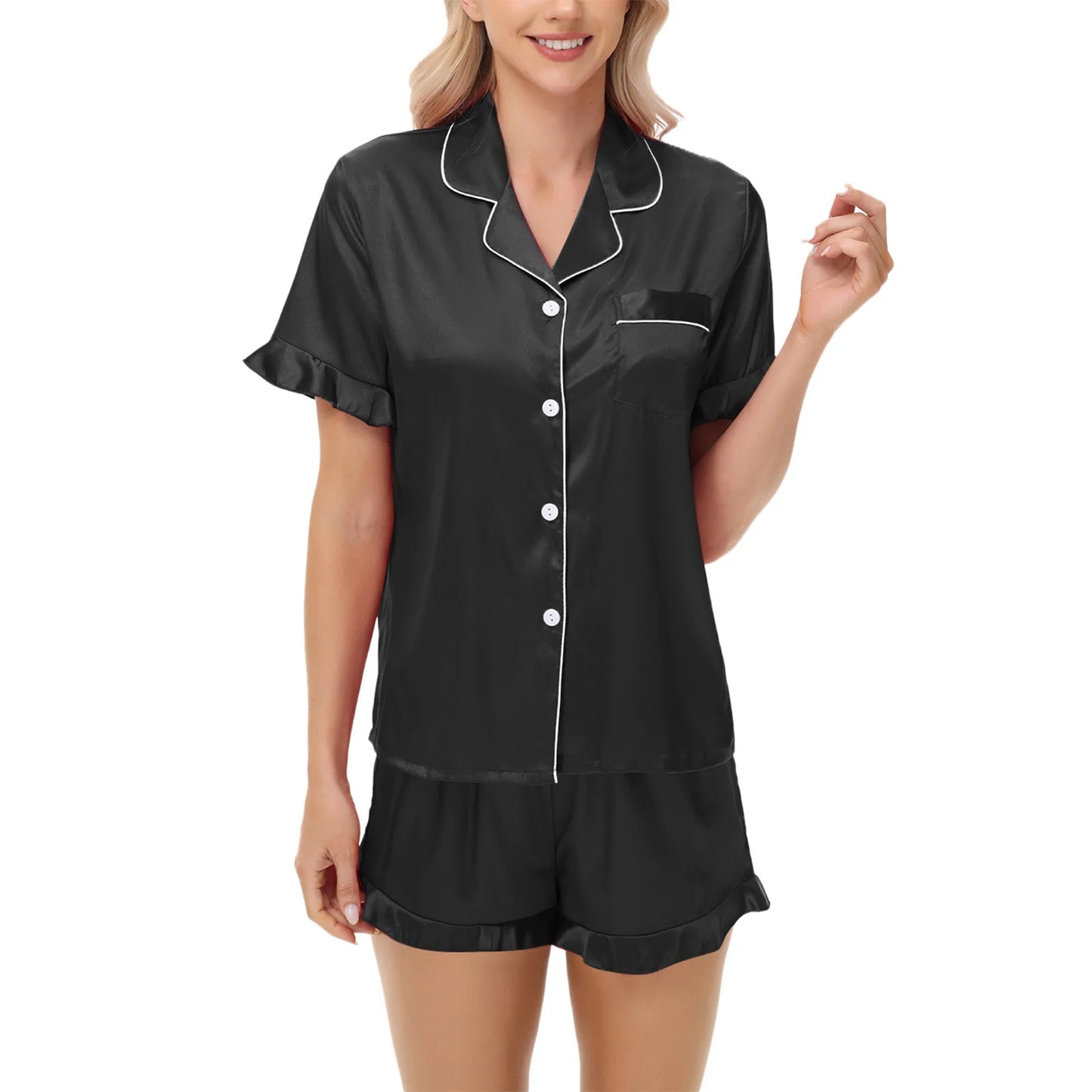 Luxurious Short Sleeve Satin Pajama Women Daily Home Wear Sleepwear Imitation Silk Lounge wear Button-Up Lapel Collar Nightwear