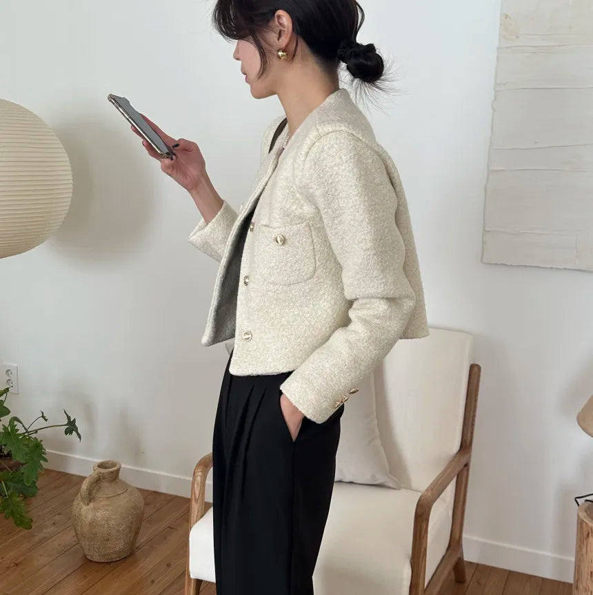 Women Autumn Winter 2025 French Vintage Coat Temperament High Quality Korean Casual Single Breasted Slim Tweed Jackets