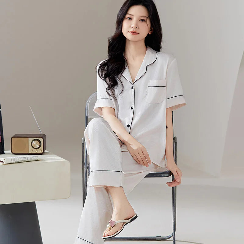 Pajamas for Couples Ice Silk Satin Men's Women's Short Sleeves Shirt Pants Sleepwear Home Clothes Suit Male Pijama