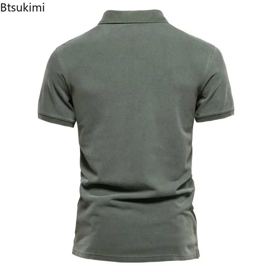 2025 Men's Summer Short Sleeve Lapel Polo Shirts 100% Cotton Solid Slim T-shirts Fashion Casual Business Golf Sport Tops for Men