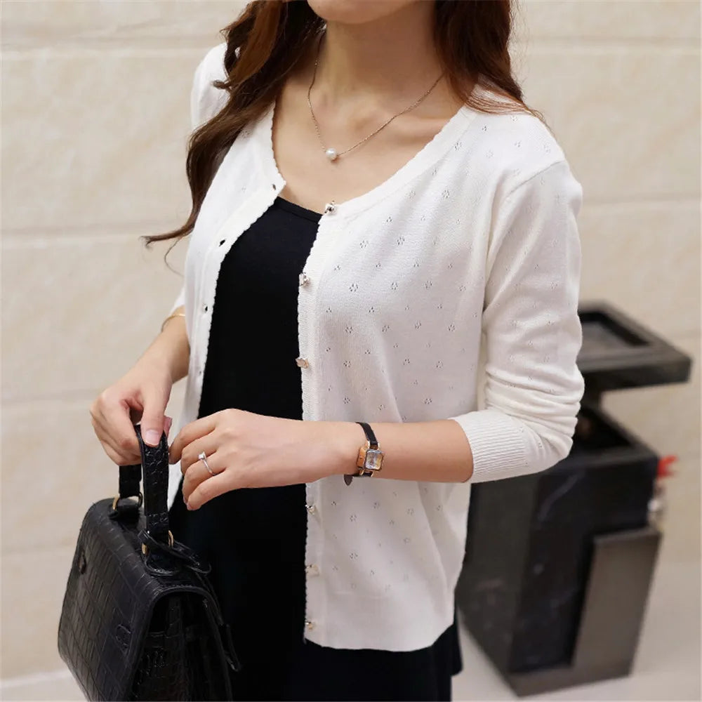 Fashion Korean Sweater Women Short Cardigan Coat Ladies Female Knit Sweater Long Sleeve Crochet Casual Cardigans Woman BasicTops