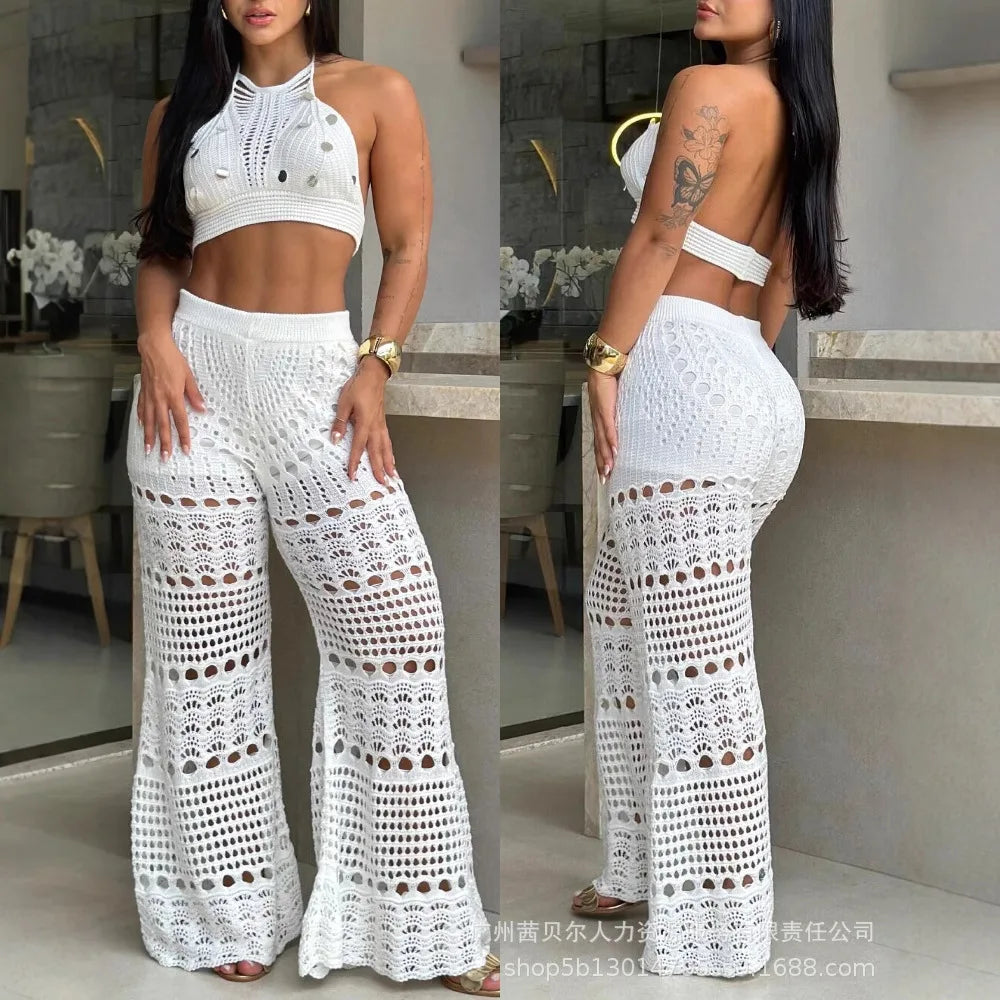 Pant Set Women Two Piece Sets Backless Matching Sets Short Tops Beach Knitted Hollow Out Wide Leg Long Pants High Waist Summer