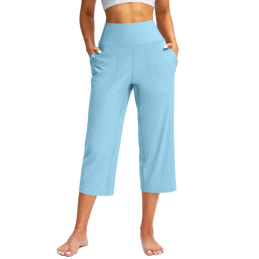 Casual straight sweatpants for women Elastic High Waist 3/4 Pants Sports Capris Leg Pants With Pockets Comfortable Trousers