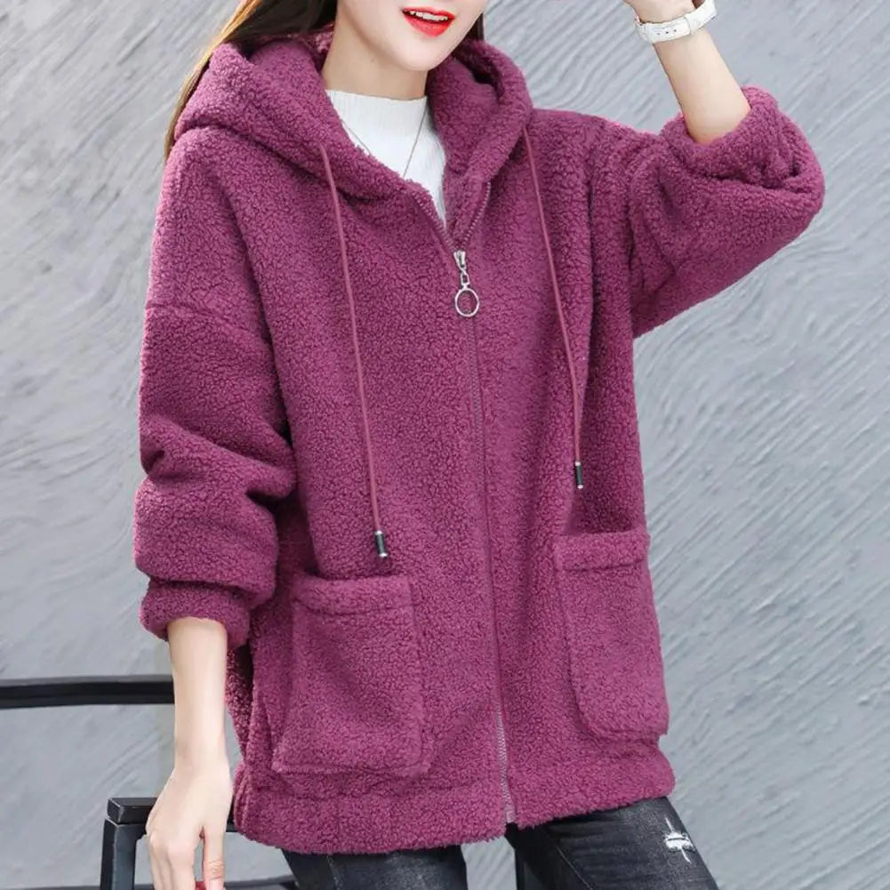 Women Coat Autumn Winter Hooded Drawstring Coat Long Sleeve Pockets Zipper Placket Thick Plush Cardigan Outwear Streetwear