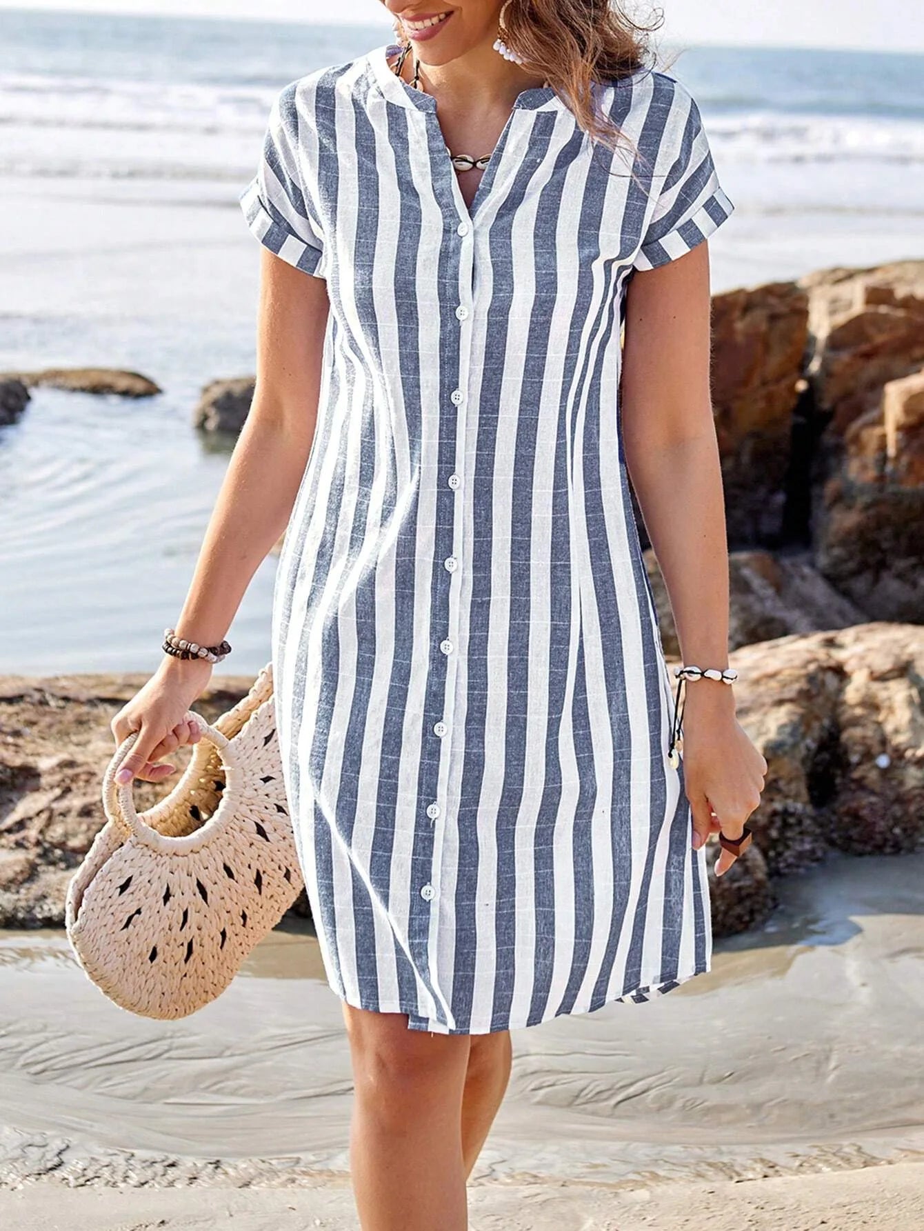 Women's Fashion Summer Shirt Dress Elegant Casual Striped Stand Collar Front Button Loose Short Sleeves Dresses