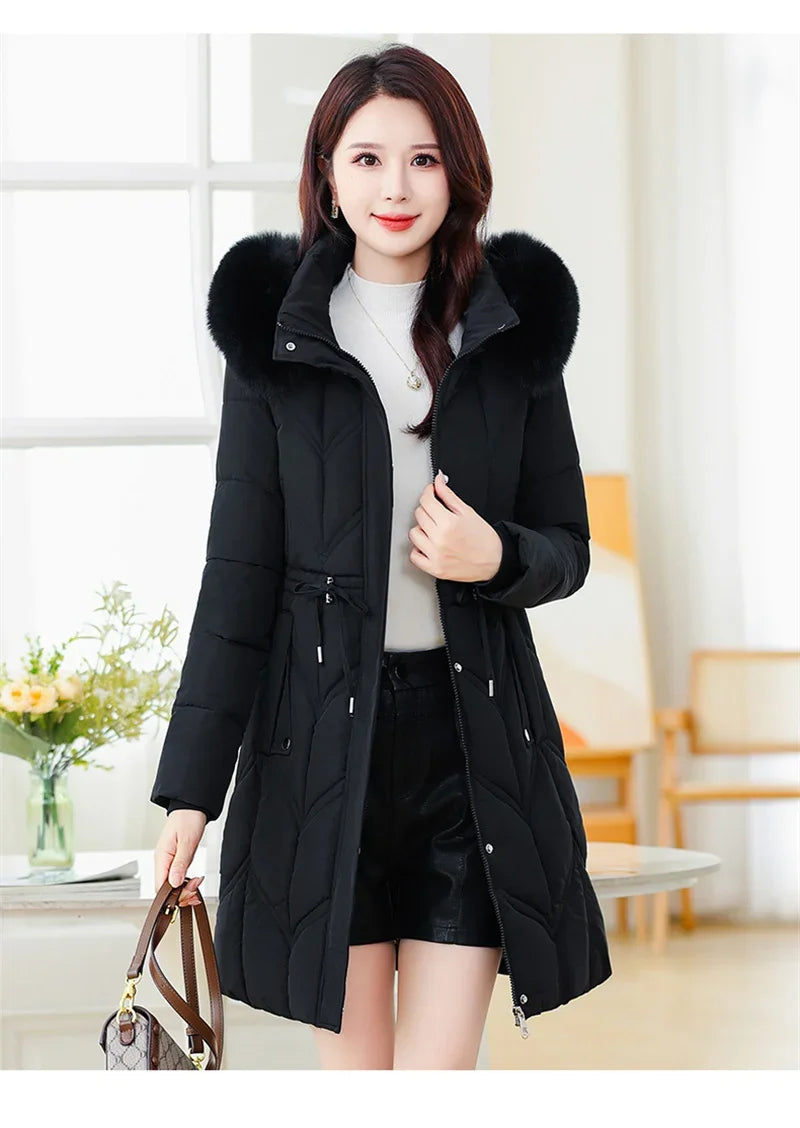 Women Down Cotton Jacket 2025 Mid Long Warm Ladies Outerwear Slim High-End Loose Women Winter Parka Coat Female Cotton Clothes