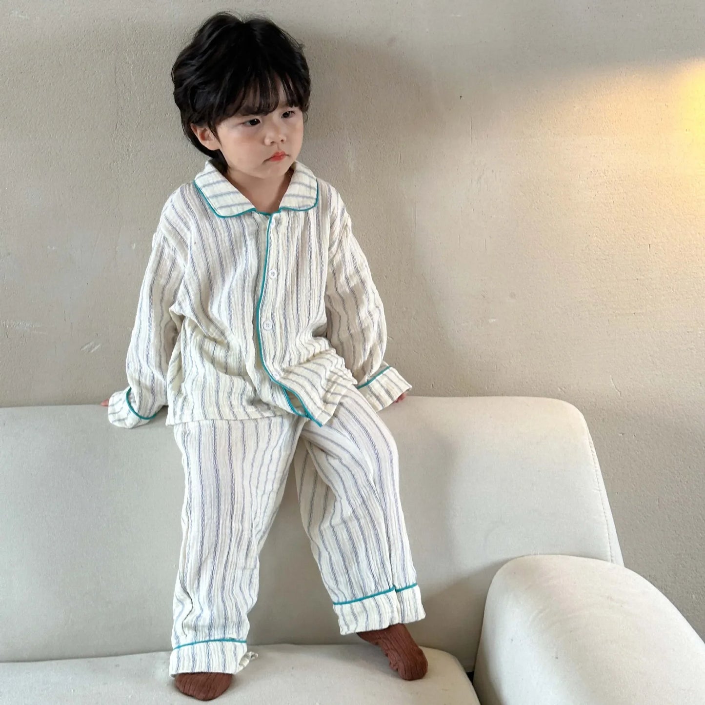 Pajama Sets New Spring Autumn Season Pure Cotton Gauze Baby Long Sleeved Girl Boys Childrens Clothing Sleepwear