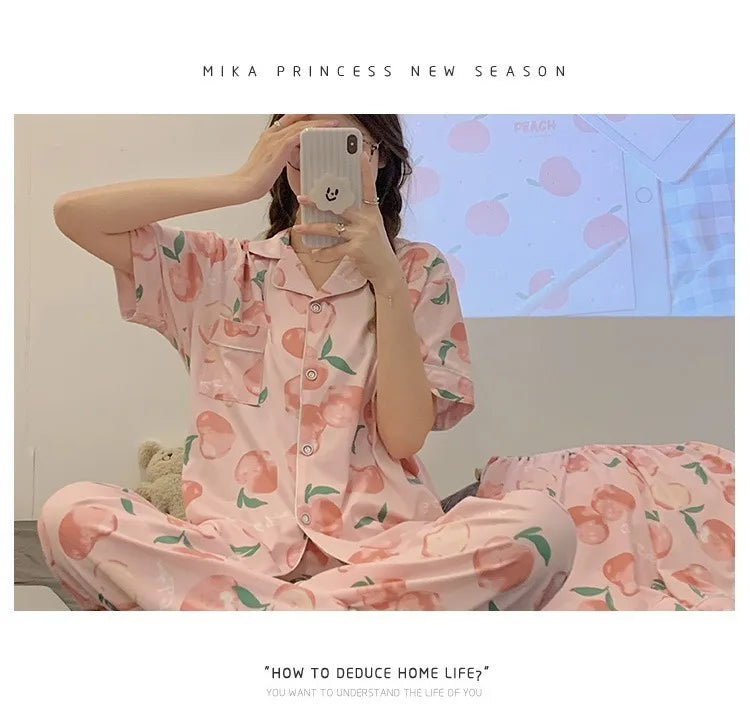 Women's Summer Three-Piece Pajama Set: Cute Teenage Student Short-Sleeved Long Pants Casual Korean-Style Pajamas Underwear