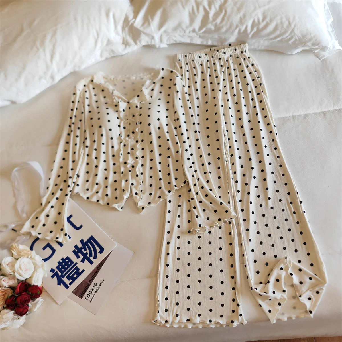 Pijama Feminina New Modal Chest Pad Set 2 Piece Woman Long Sleeve Pajama Sets Casual Korean Sleepwear Pyjamas Femme Home Wear