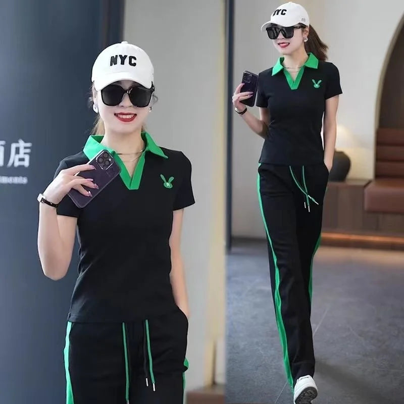 Women's Casual Sports Suit 2025 New Summer Spring Style Clothes Fashion Short Sleeve Lapel T-shirt Wide Leg Pants Two Piece Set