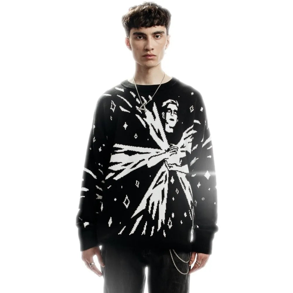 Men Women Hip Hop Abstract Quasar Knitted Sweater Harajuku Fashion Loose Tops Casual Streetwear Pullover Y2K Clothes Vintage 90s