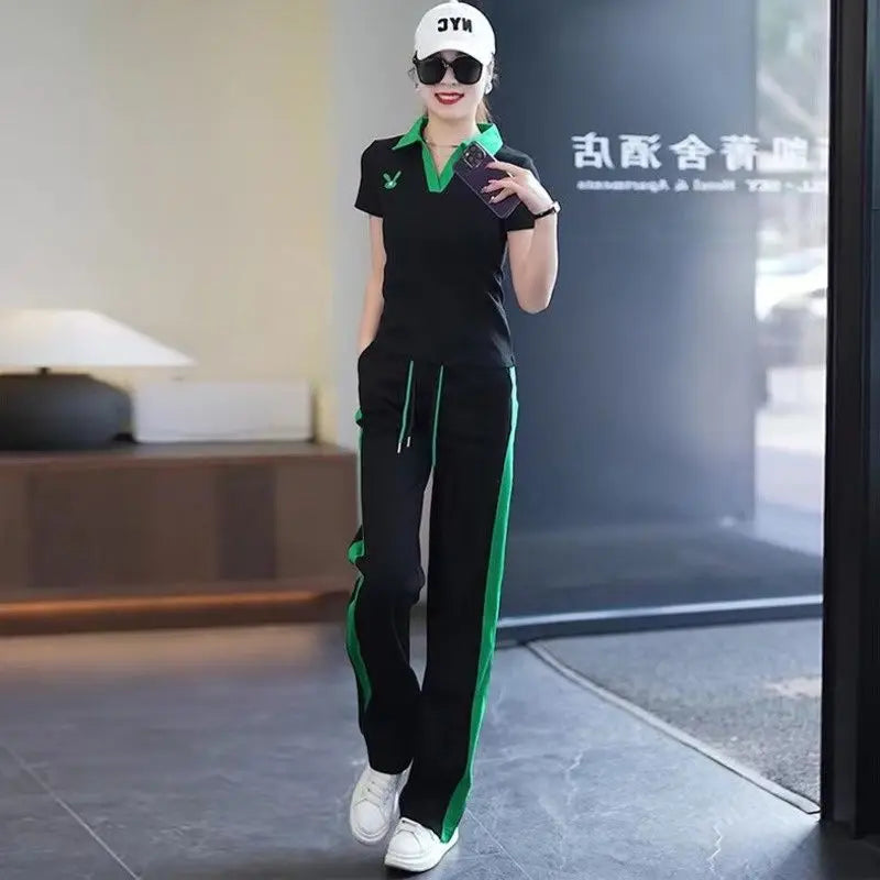 Women's Casual Sports Suit 2025 New Summer Spring Style Clothes Fashion Short Sleeve Lapel T-shirt Wide Leg Pants Two Piece Set