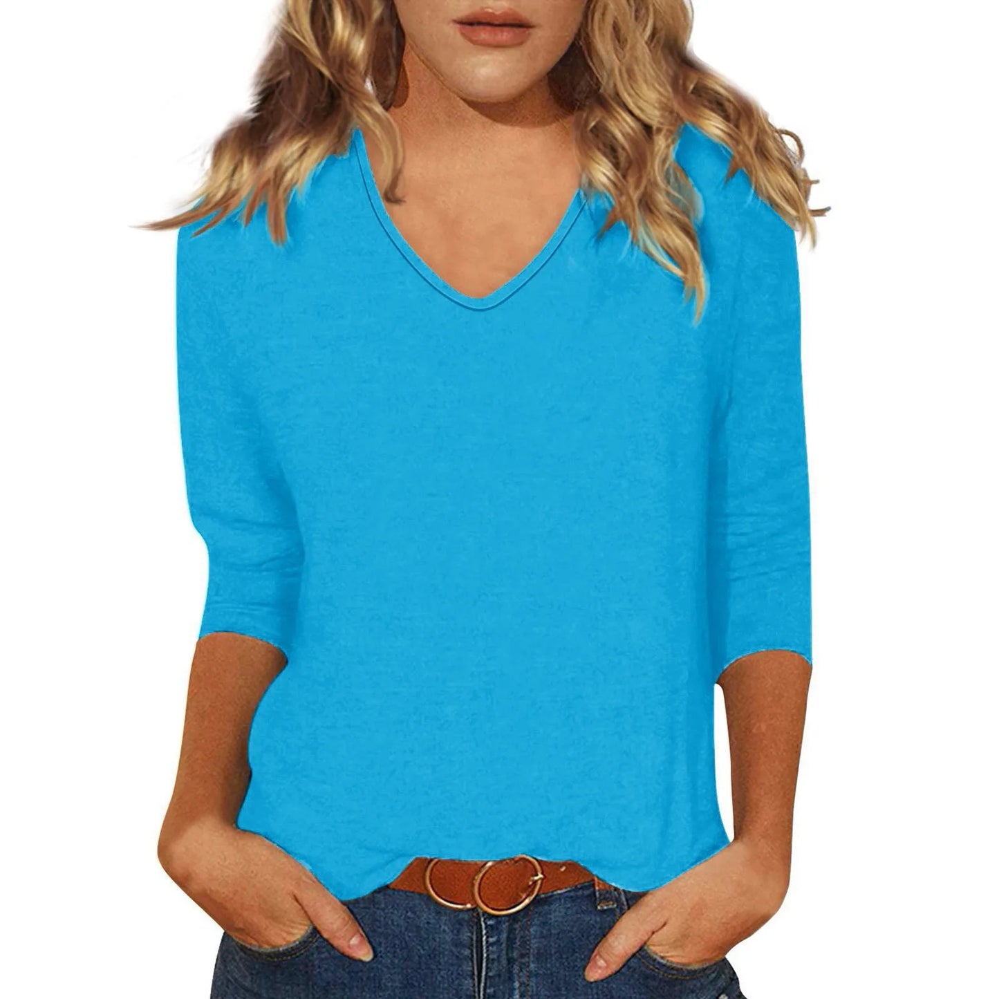 Women's T-Shirt Fashion Casual Everyday Versatile V-Neck 3/4 Length Sleeve Tops Solid Color Printed T-Shirt Top